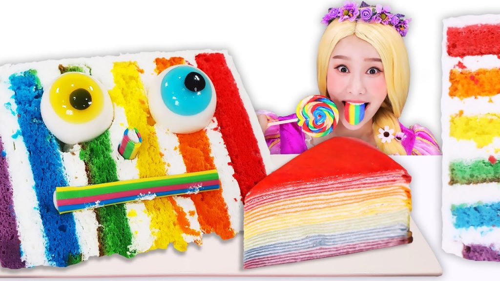 彩色蛋糕挑戰!五顏六色的美食看著都流口水Rapunzel Rainbow cake #聲控#解壓#甜品#吃貨#美食#咀嚼聲#糖果#蠟瓶糖#Mukbang