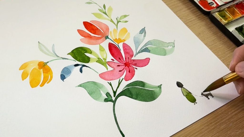 Painting a girl beside flowers / One stroke painting