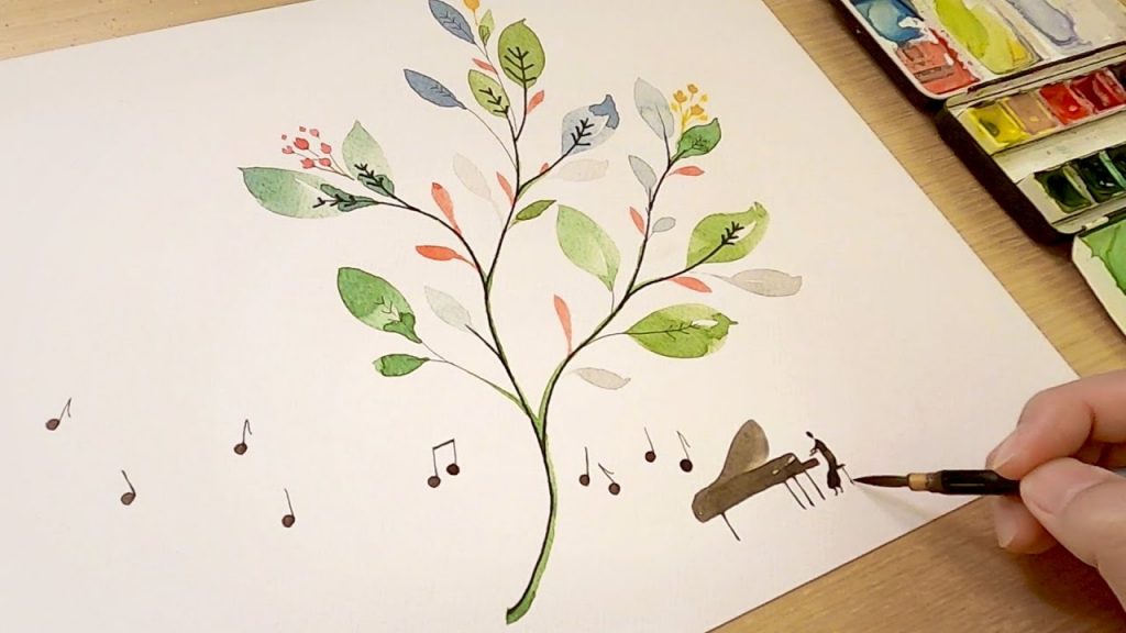 Watercolor painting with waterproof pen / Drawing a girl playing the piano