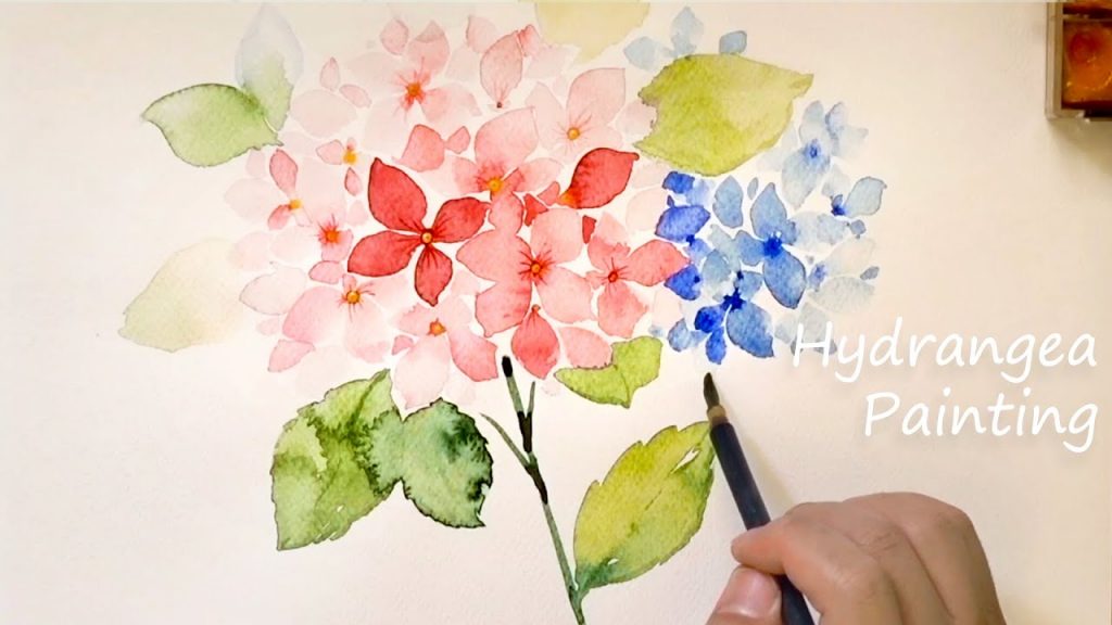 Hydrangea painting / Pure pink and blue watercolor painting