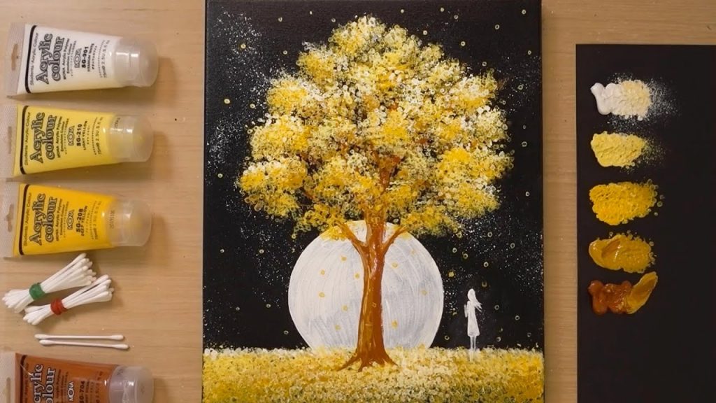 Black canvas / Cotton swabs painting technique / Acrylic painting step by step