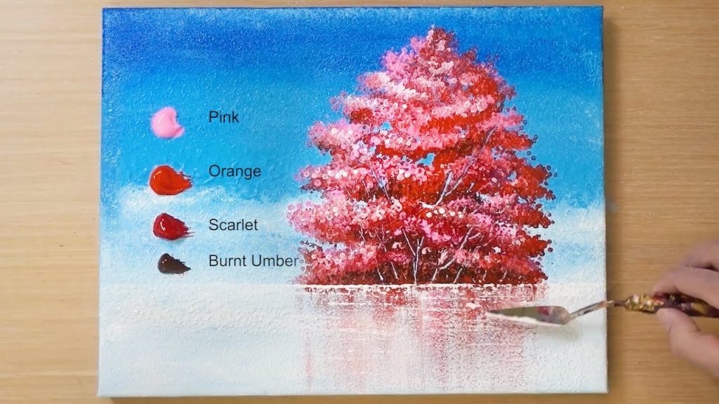 Red Tree Lake Landscape Painting / Acrylic Painting Technique