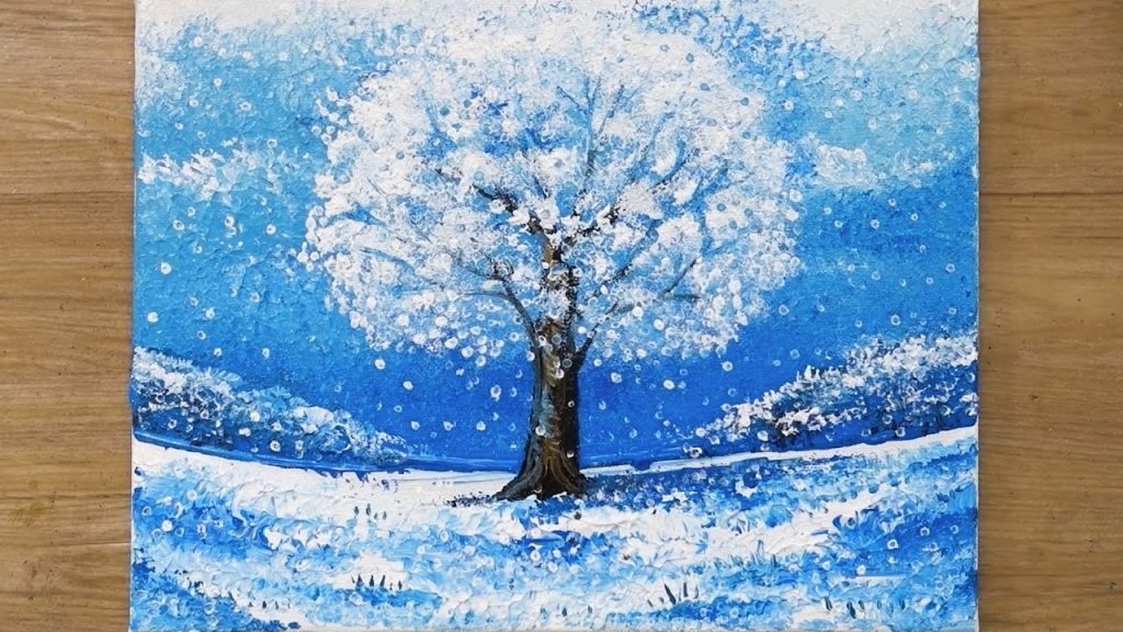 Snowy Tree Acrylic Painting / Cotton Balls Painting Technique #487