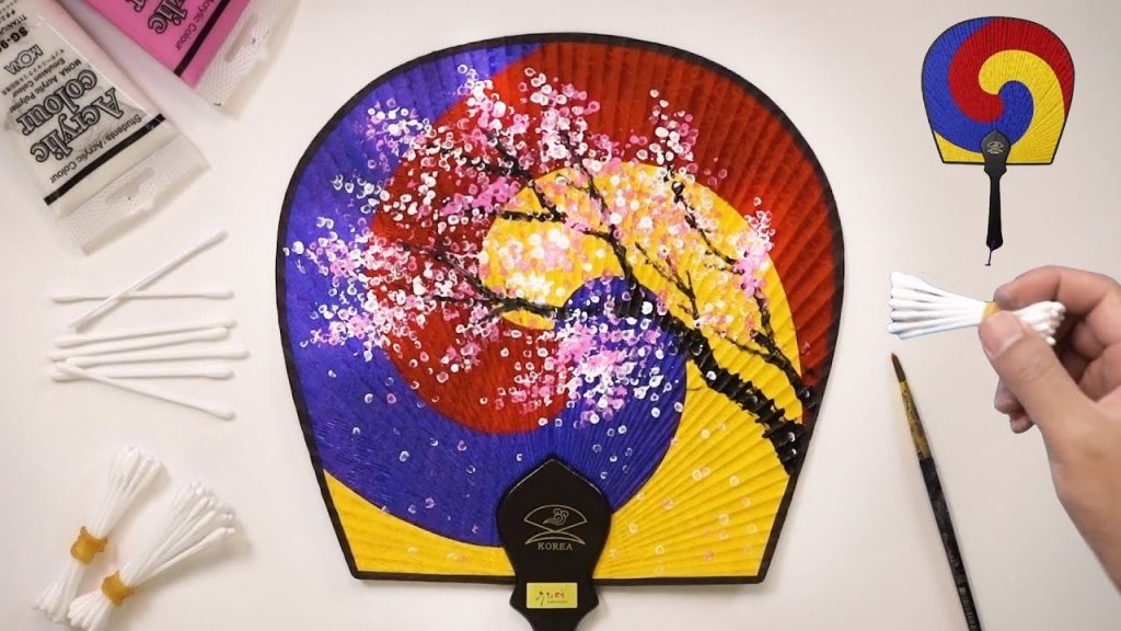 Paint Cherry Blossom Tree on a Hand Fan / Cotton Swabs Painting Technique #449