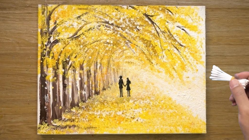 Landscape Painting of Ginkgo Trees / Cotton Swabs Painting Technique #438