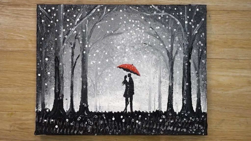 Red Umbrella Couple / Cotton Swabs Painting Technique #425