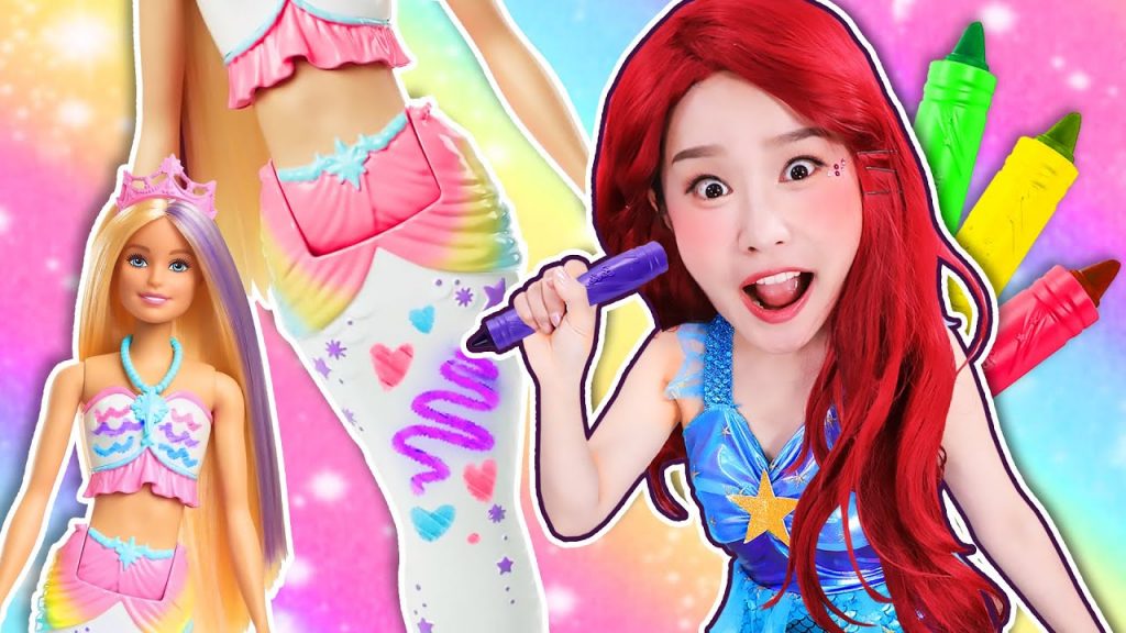 五顏六色的人魚公主?用蠟筆幫助芭比人魚公主裝飾衣服玩具過家家畫畫遊戲-基尼