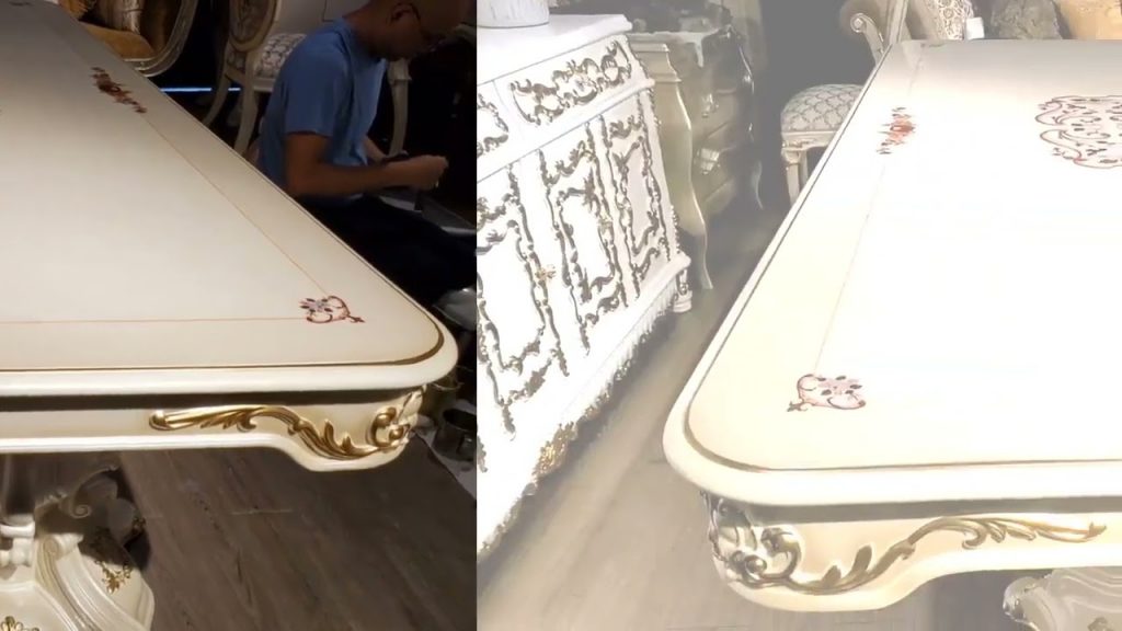 ●威力淨~新古典實木烤漆餐桌美容保養修補公司【珍珠白烤漆桌面~刮傷敲擊美容處理】1090615維修_免費創業加盟影片0800-056-999